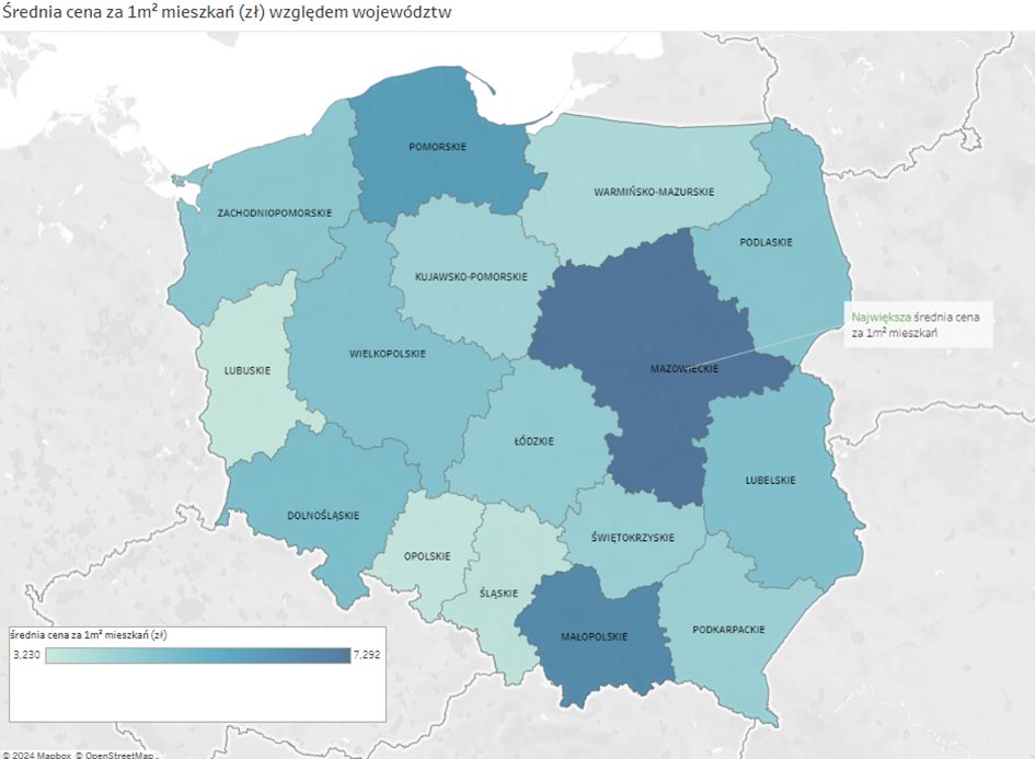 ceny za 1 m² mieszkań w Polsce w podziale na województwa